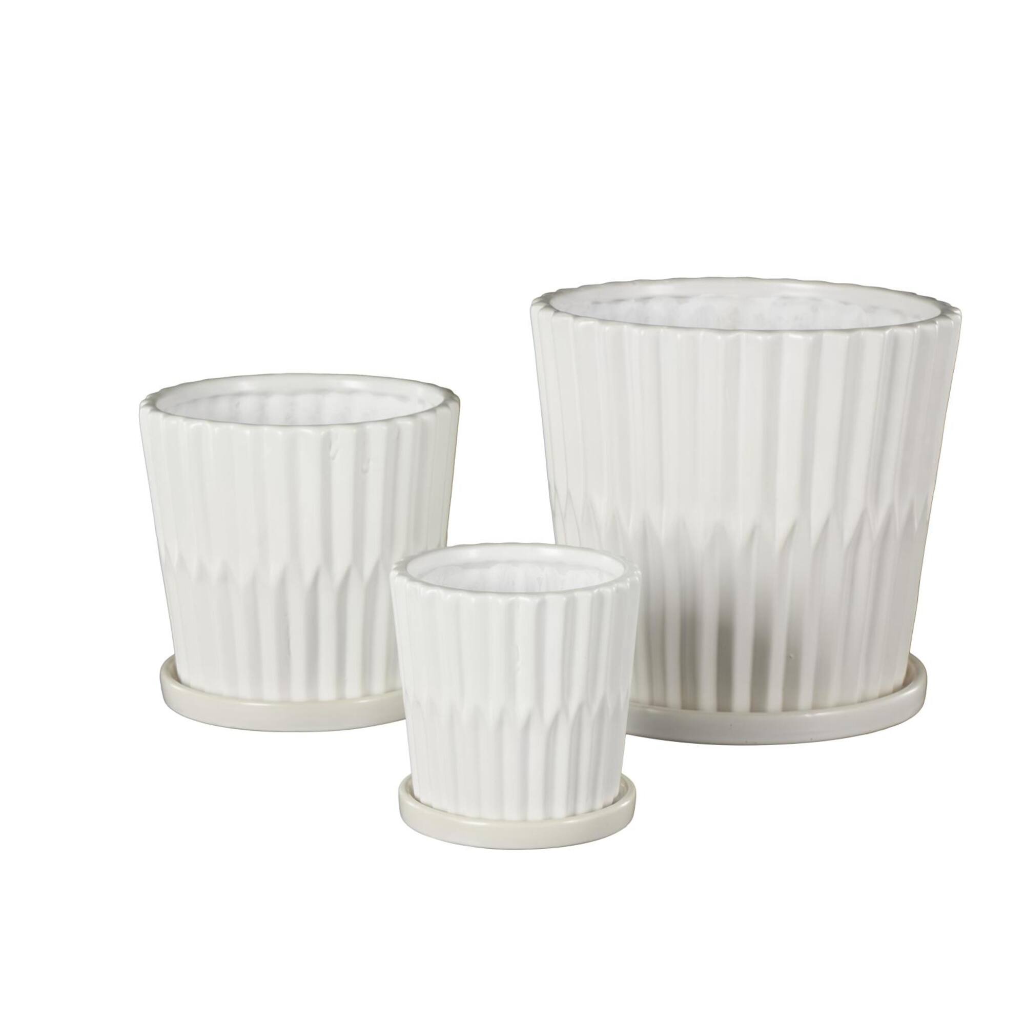 White Double Ribbed Textured Ceramic Planter Set
